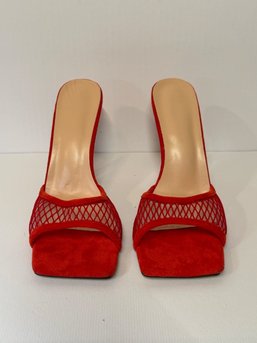 Red Mesh Mule Heels 7.5/8 Open Toe Stiletto Slide Sandals Statement Heels EU38 - Picture 3 of 11